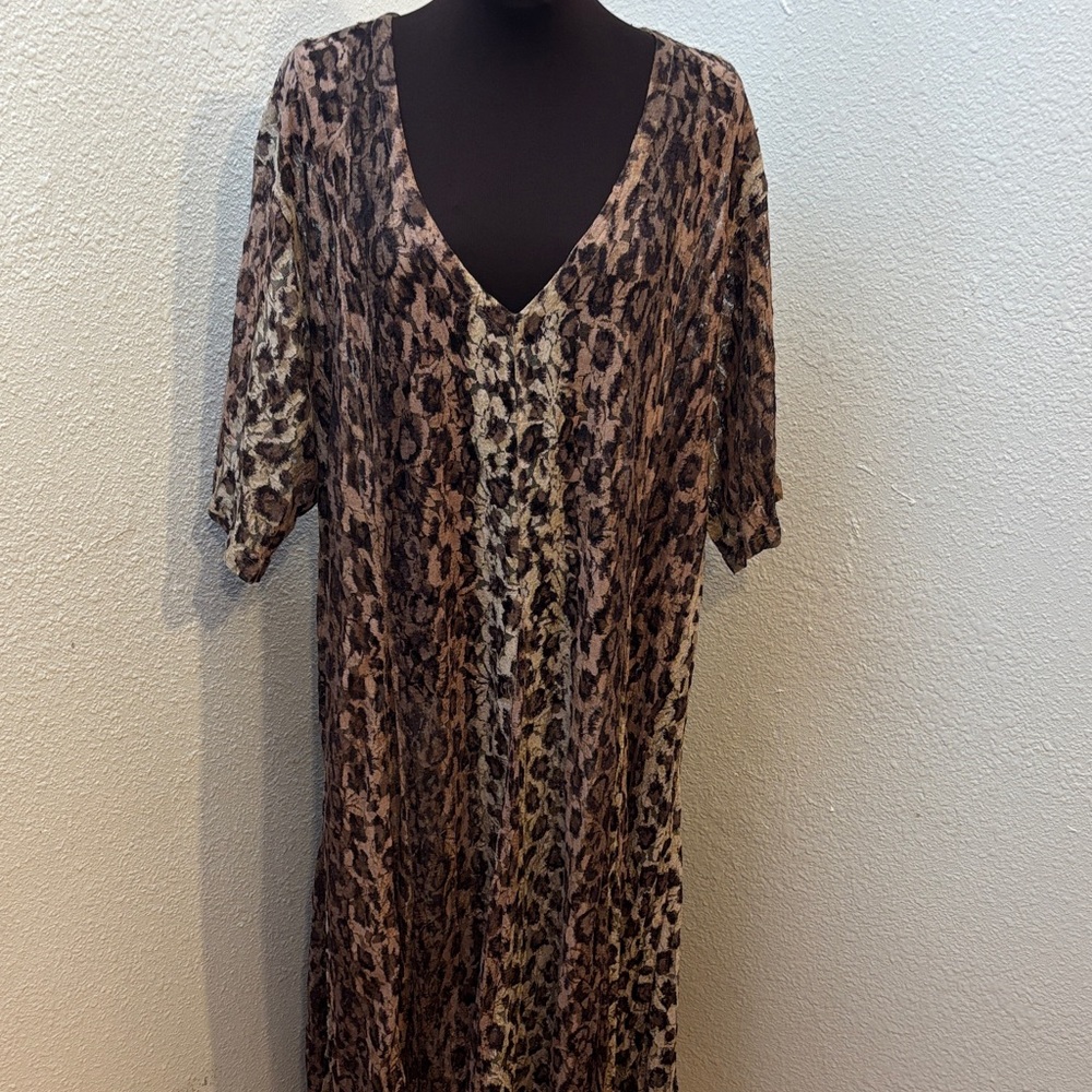 Elegant brown and cream animal print lace semi-sheer maxi dress. Size 1X.